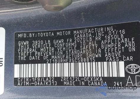 2016 Toyota Corolla S Premium from USA, damaged, VIN 2T1BURHEXGC588815